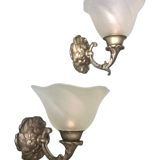 Pair of vintage rococo style sconces in patinated tin and frosted glass - 70's