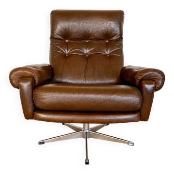 Chaise pivotante en cuir marron danoise vintage des années 1970