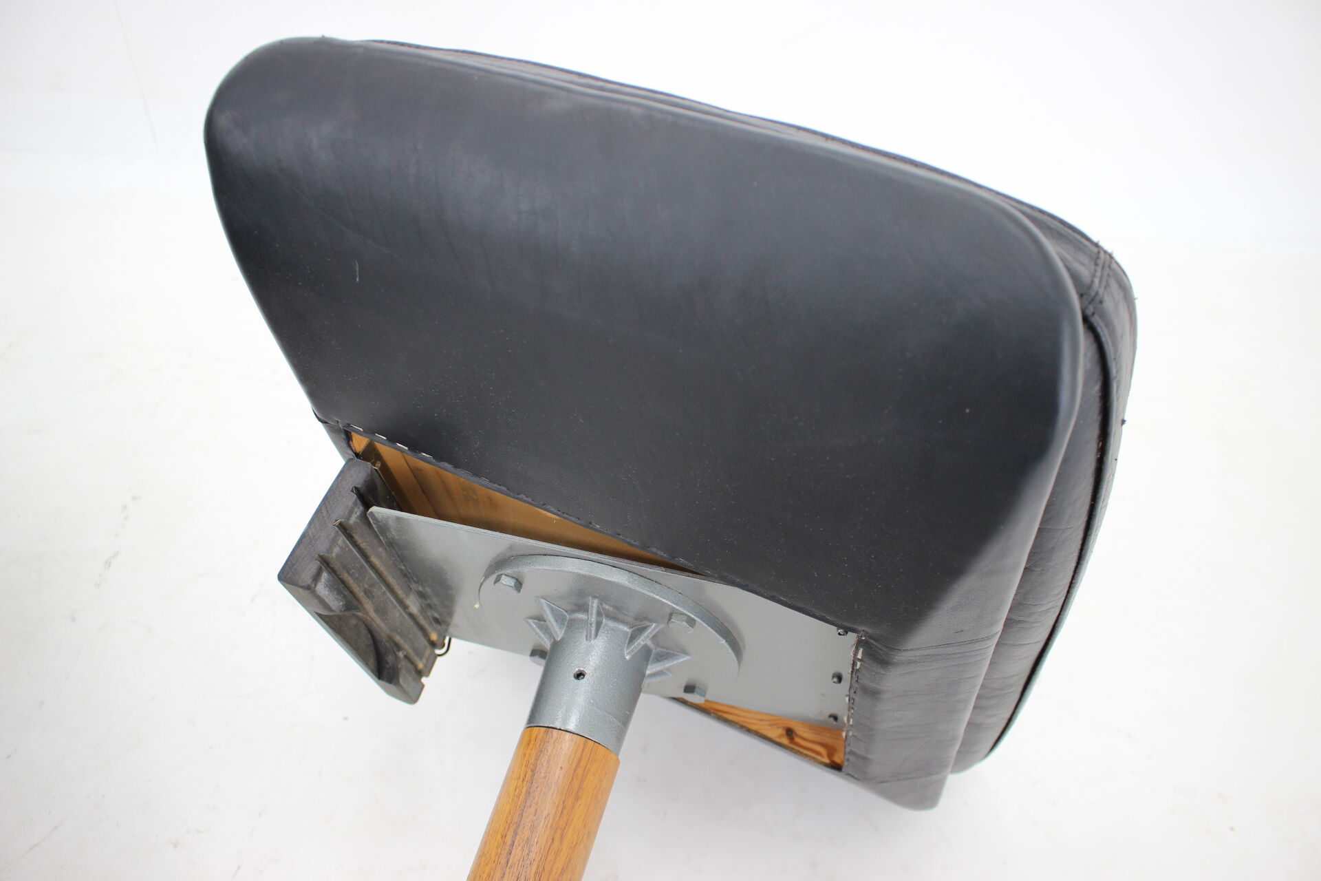 Madsen and Schubell Black Leather Reclining Chair and Stool, Denmark 1960