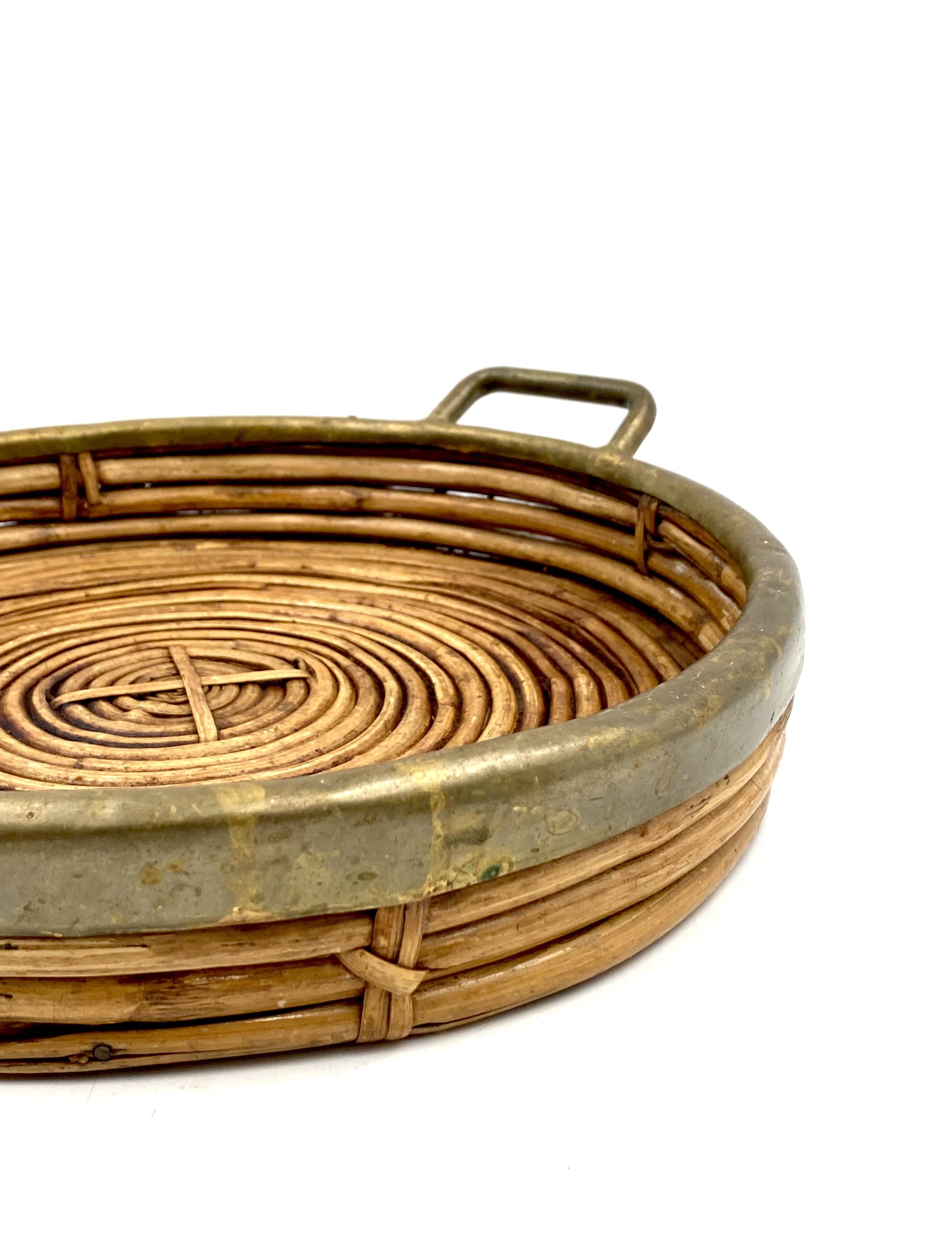 Hollywood regency brass and wicker vide poche, Italy ca. 1970