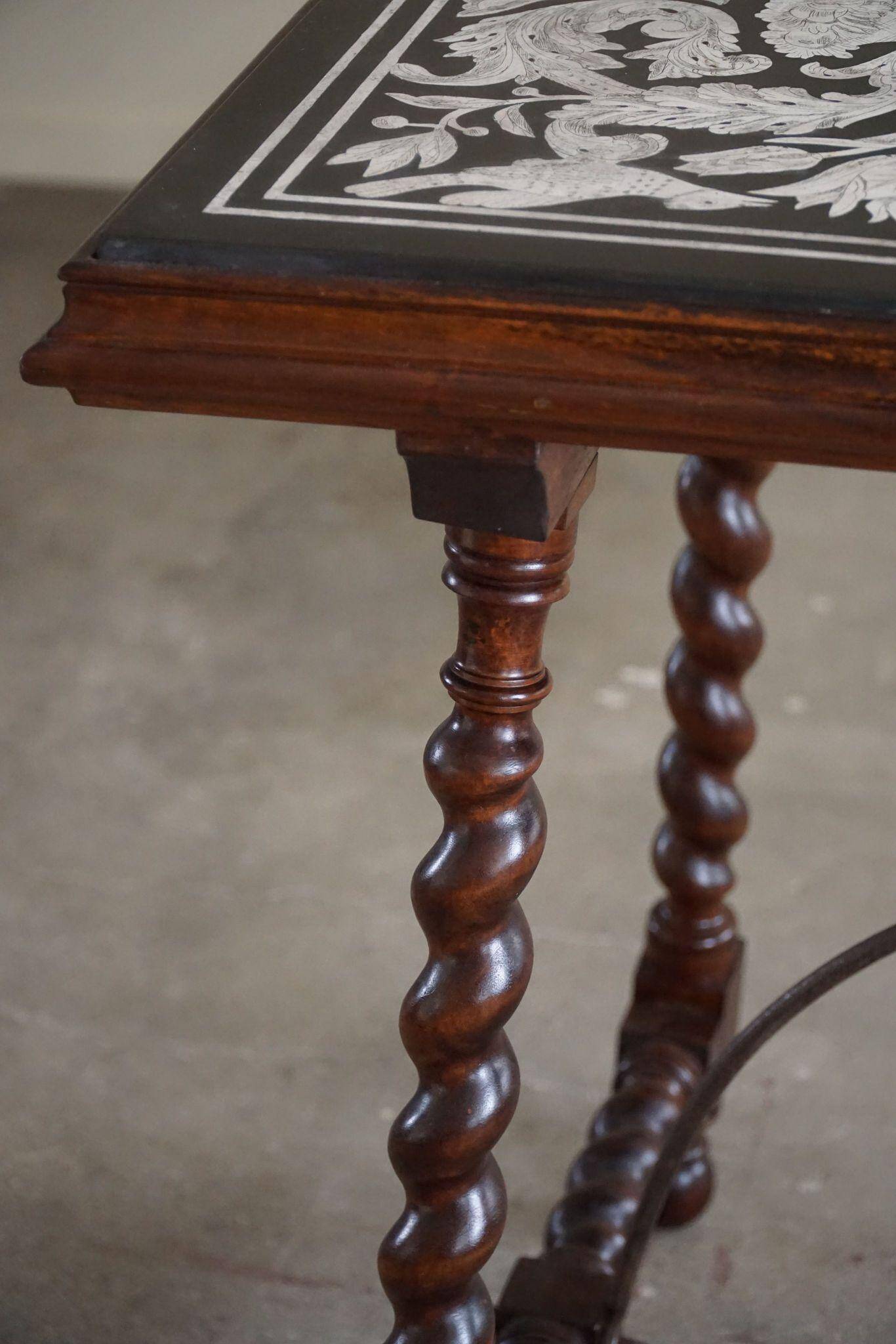 Antique Italian desk table, walnut and marble, Naples, 19th century.