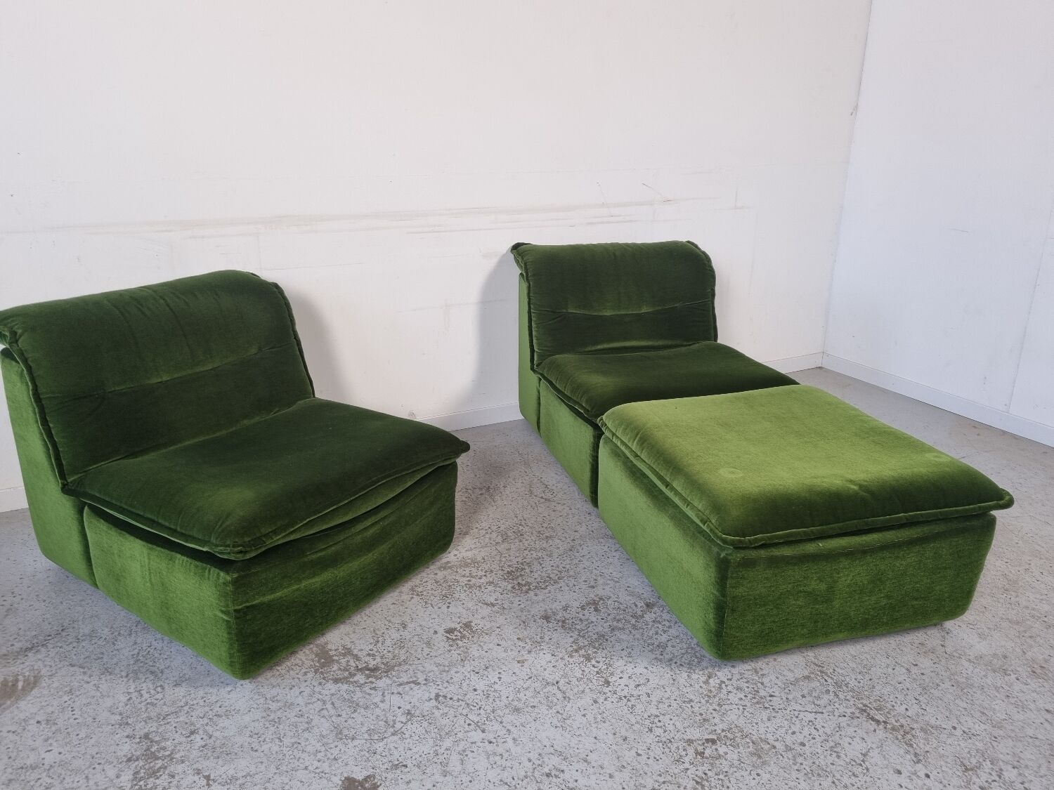 Pair of modular armchairs with ottoman, 70s