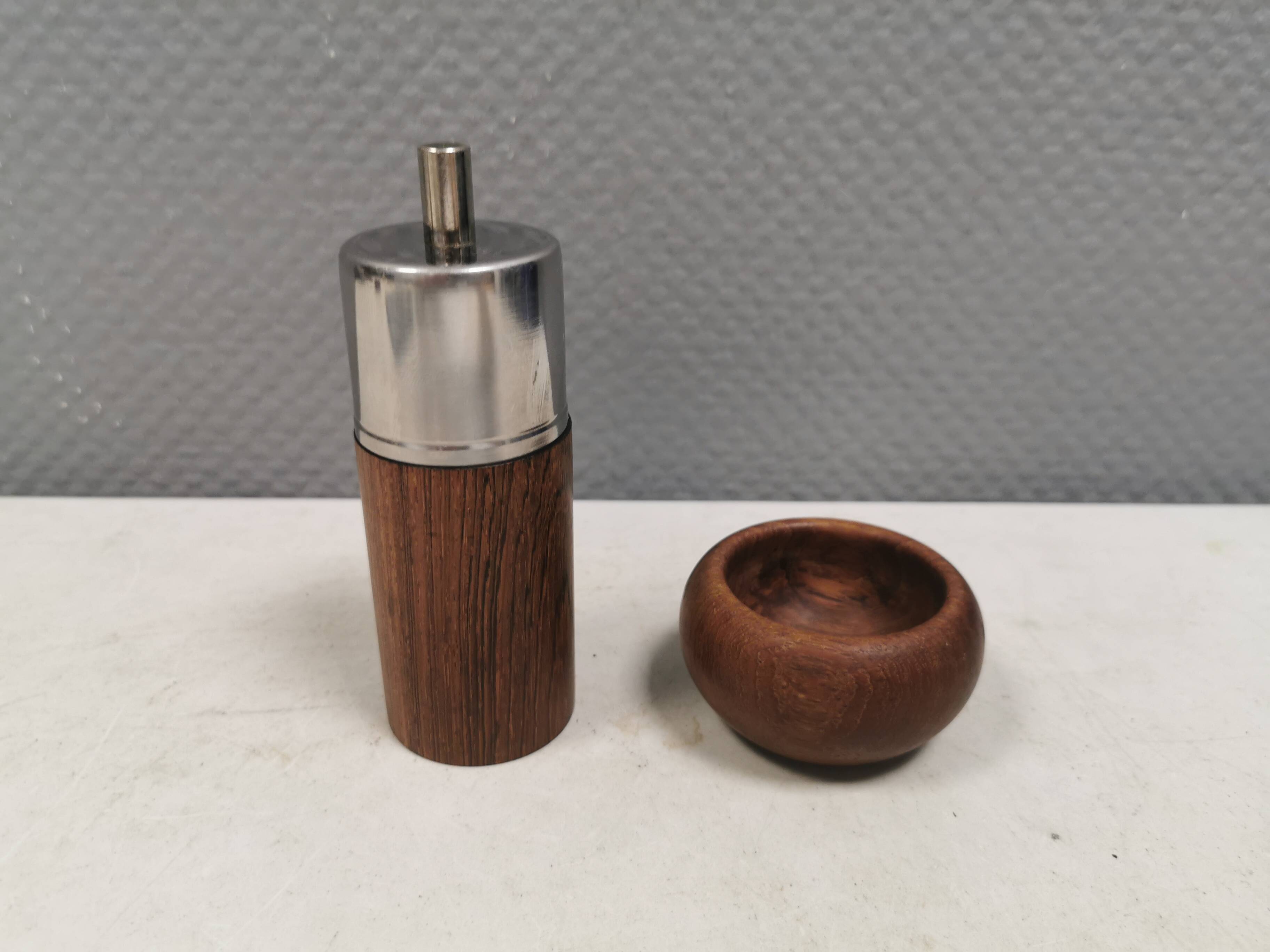 A salt shaker and a pepper mill in teak, made in Denmark 1960-70s