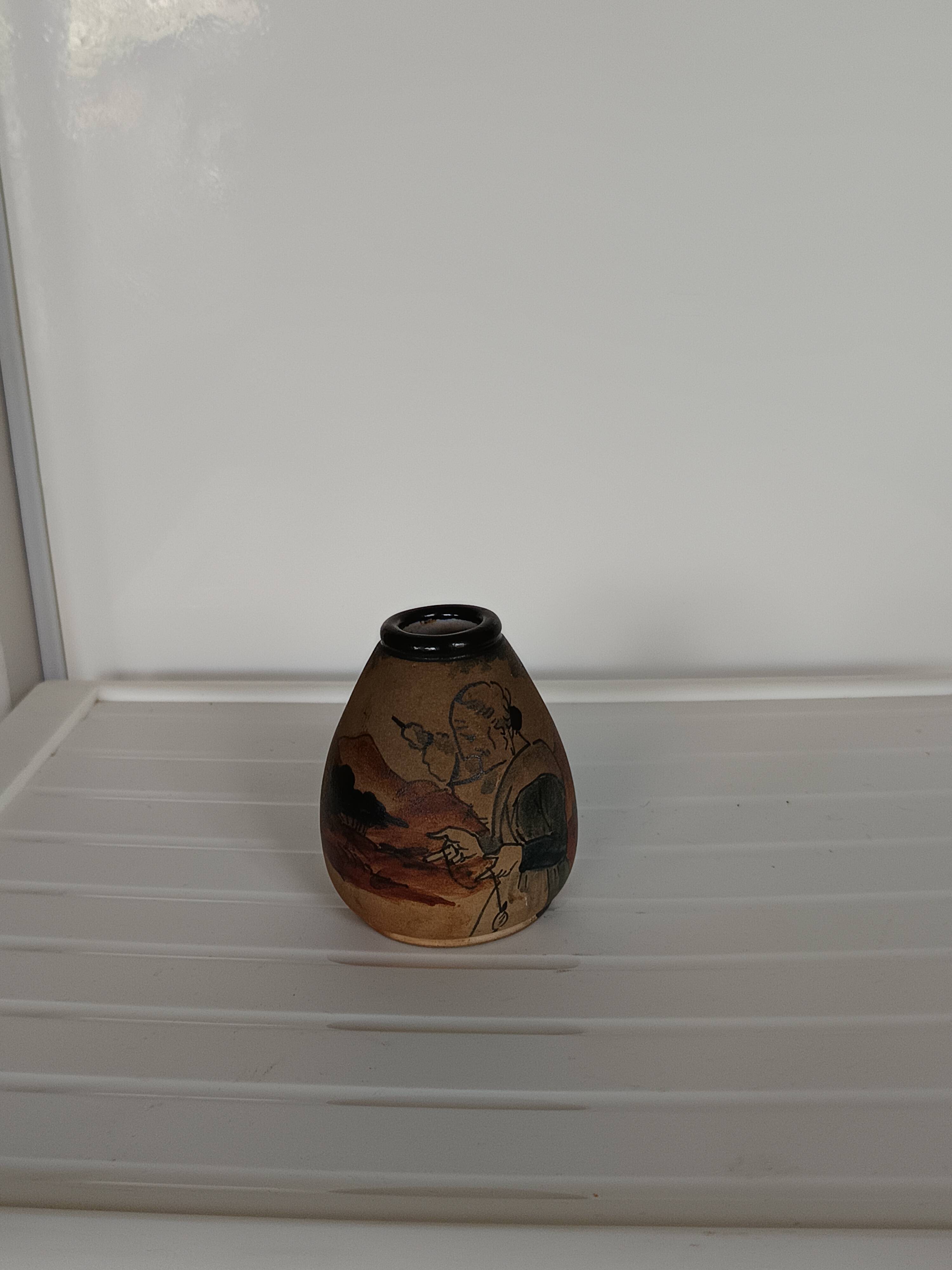 Ciboure stoneware vase, antique, signed Touton 1930, woman spinning in front of her farm.