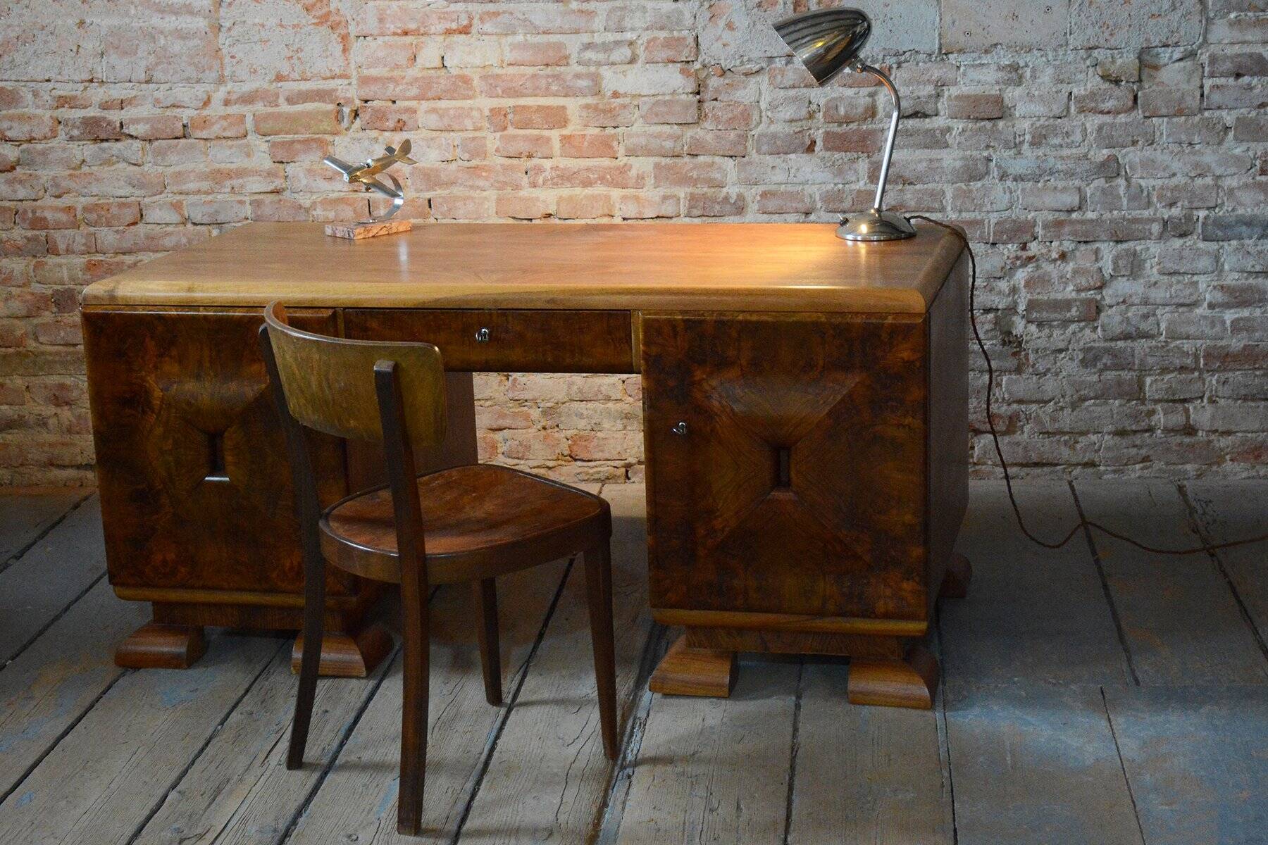Art Deco Writing Desk in Mahogany and Walnut, 1920s