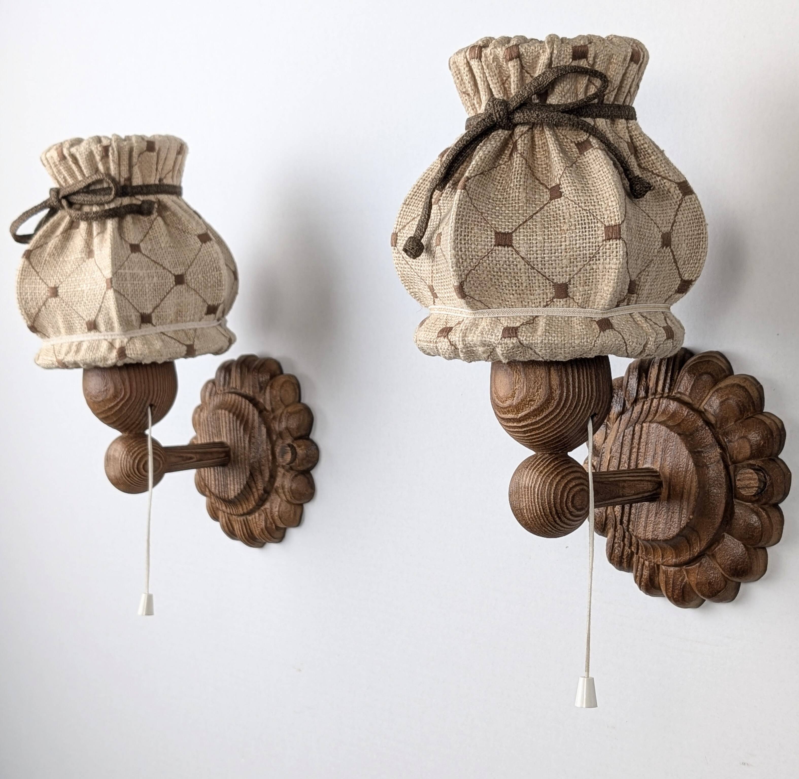 Pair of carved pine wall lights with jute shades, Swedish design, 1970s