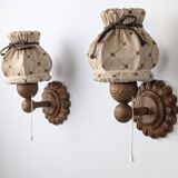 Pair of carved pine wall lights with jute shades, Swedish design, 1970s