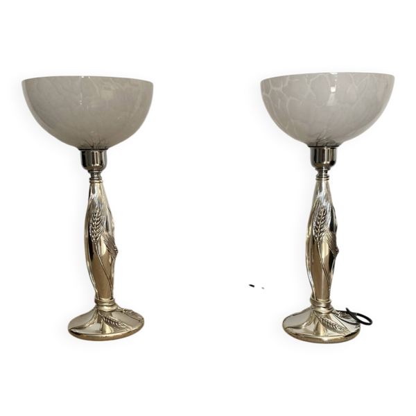 Paire de lampe argentée de Marcello gorgio abat jour murano