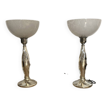 Paire de lampe argentée de Marcello gorgio abat jour murano