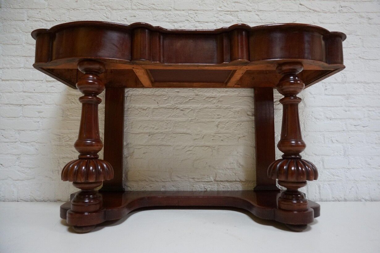 Biedermeier mahogany wall console table or desk with leather inlay top and drawer