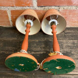 Pair of antique turned wood bedside lamps with push button switch