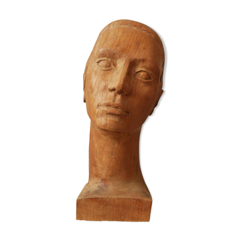 Tête à chapeau ancienne, marotte bois, tête de modiste bois, sculpture