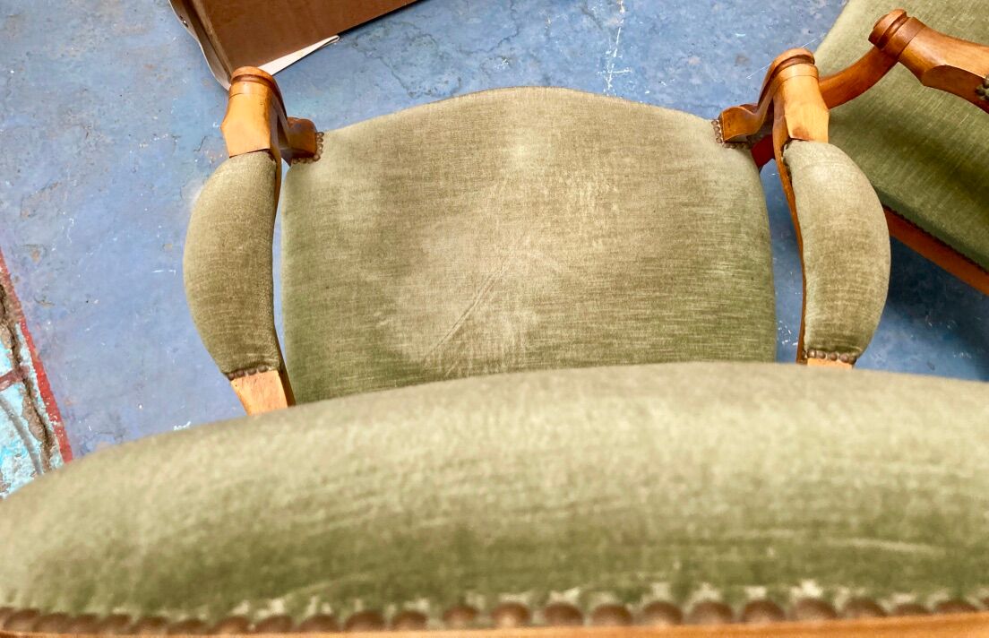 Voltaire armchairs in green velvet, the pair