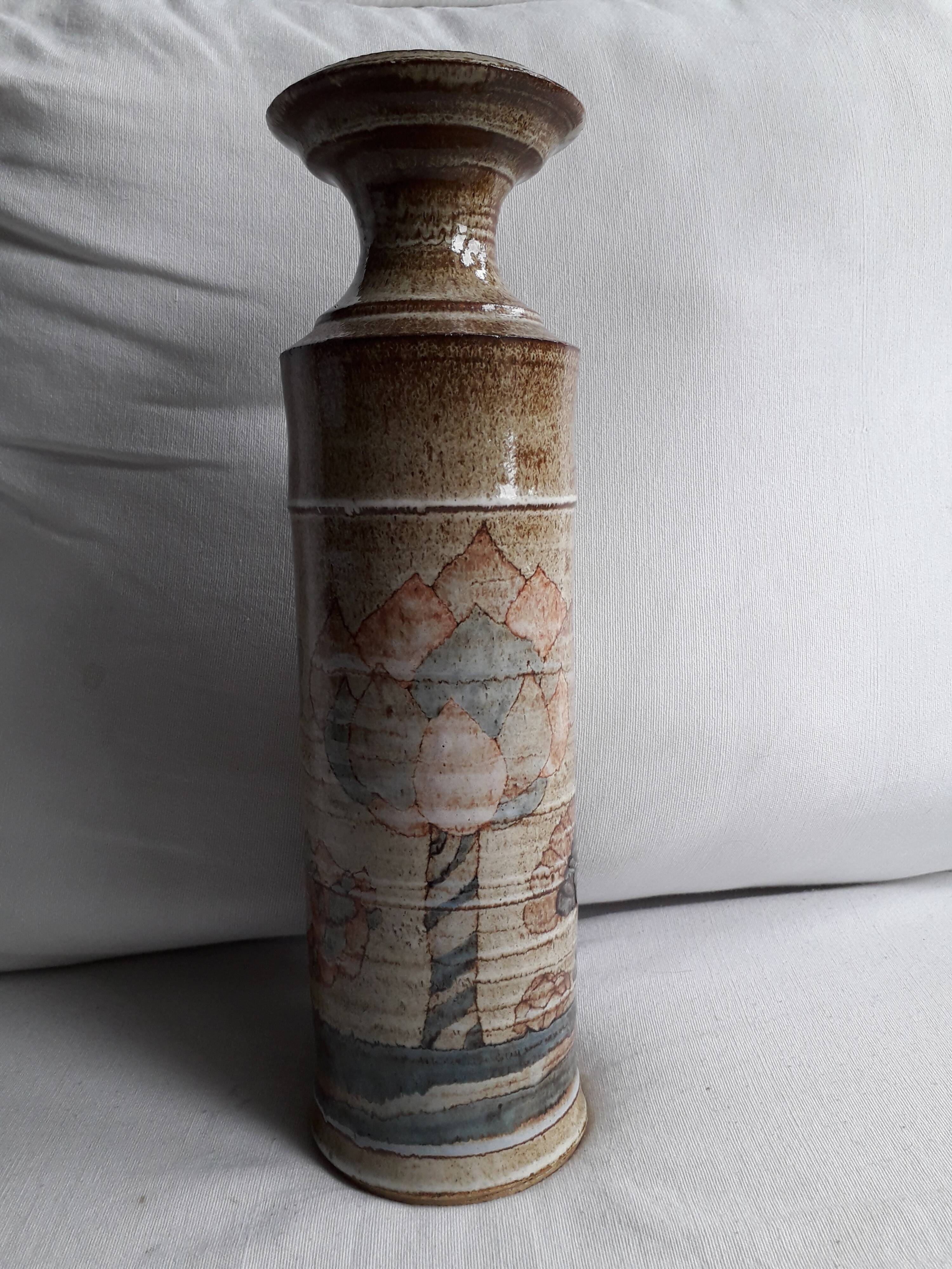 Vintage stoneware vase with naive decor