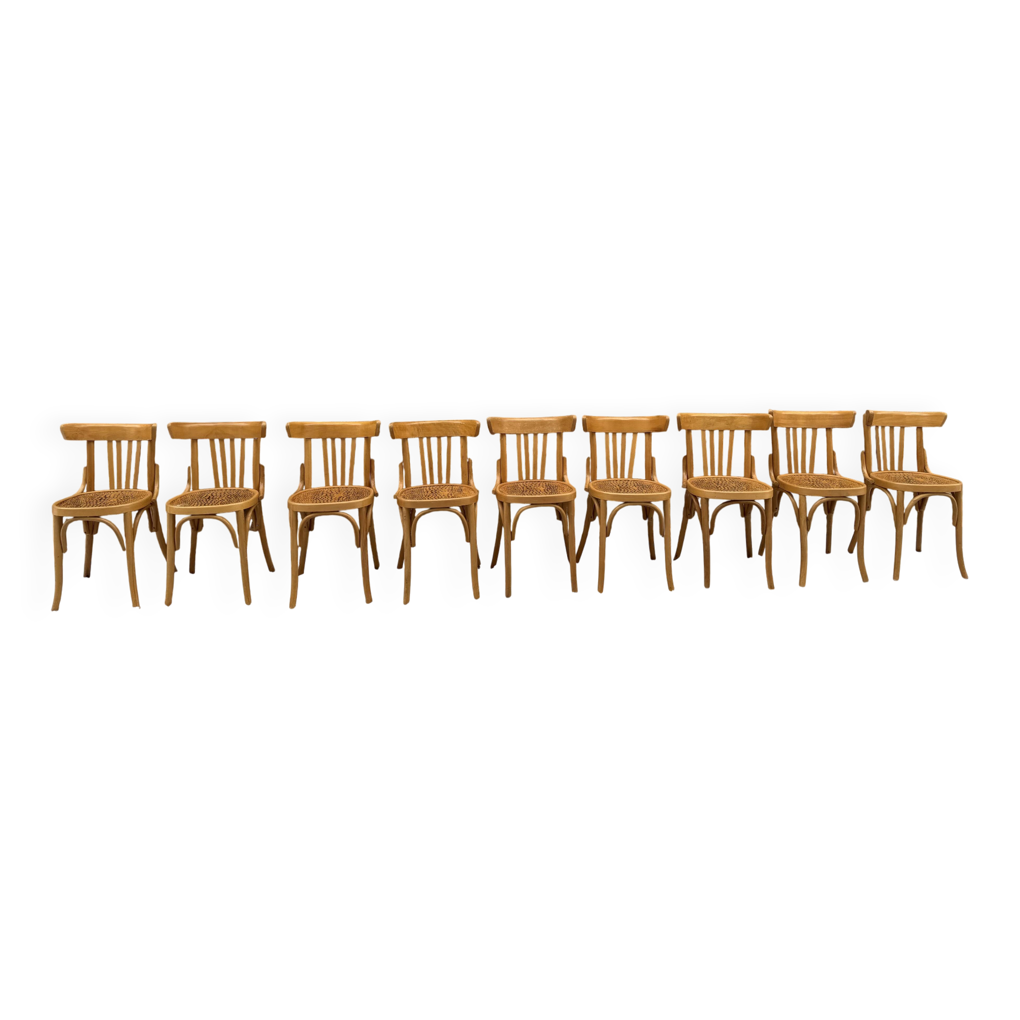 Set of 9 vintage bistro chairs in beech wood – bentwood, patterned seat