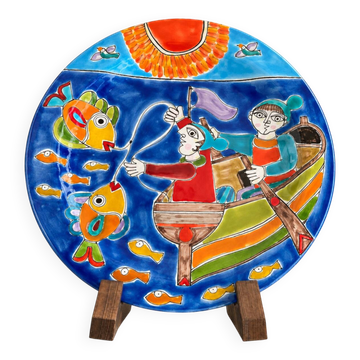 Simone's Plate, fishermen in a boat, hand-painted ceramic 26 cm, Sicily