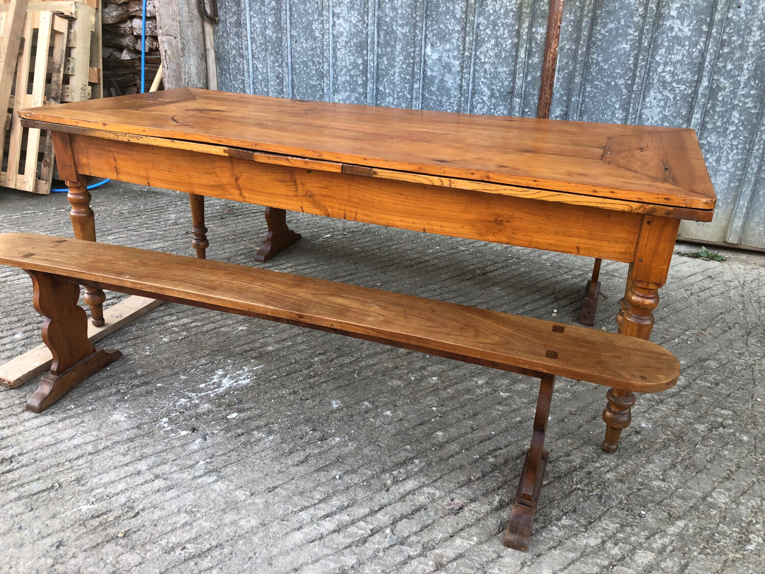 Antique farmhouse table in solid cherry wood with its 2 benches