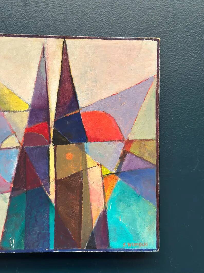 Oil on Swedish panel – 'Geometric Composition' by Stellan Widholm – Signed – vintage and framed – 35 × 32 × 5 cm
