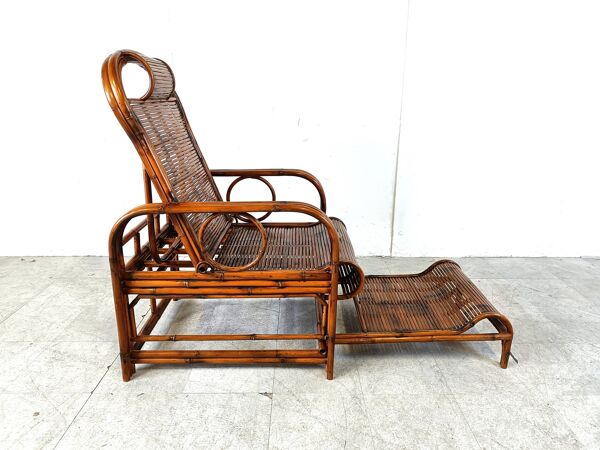 Chaise de jardin, chaise longue en rotin et bambou, années 1950