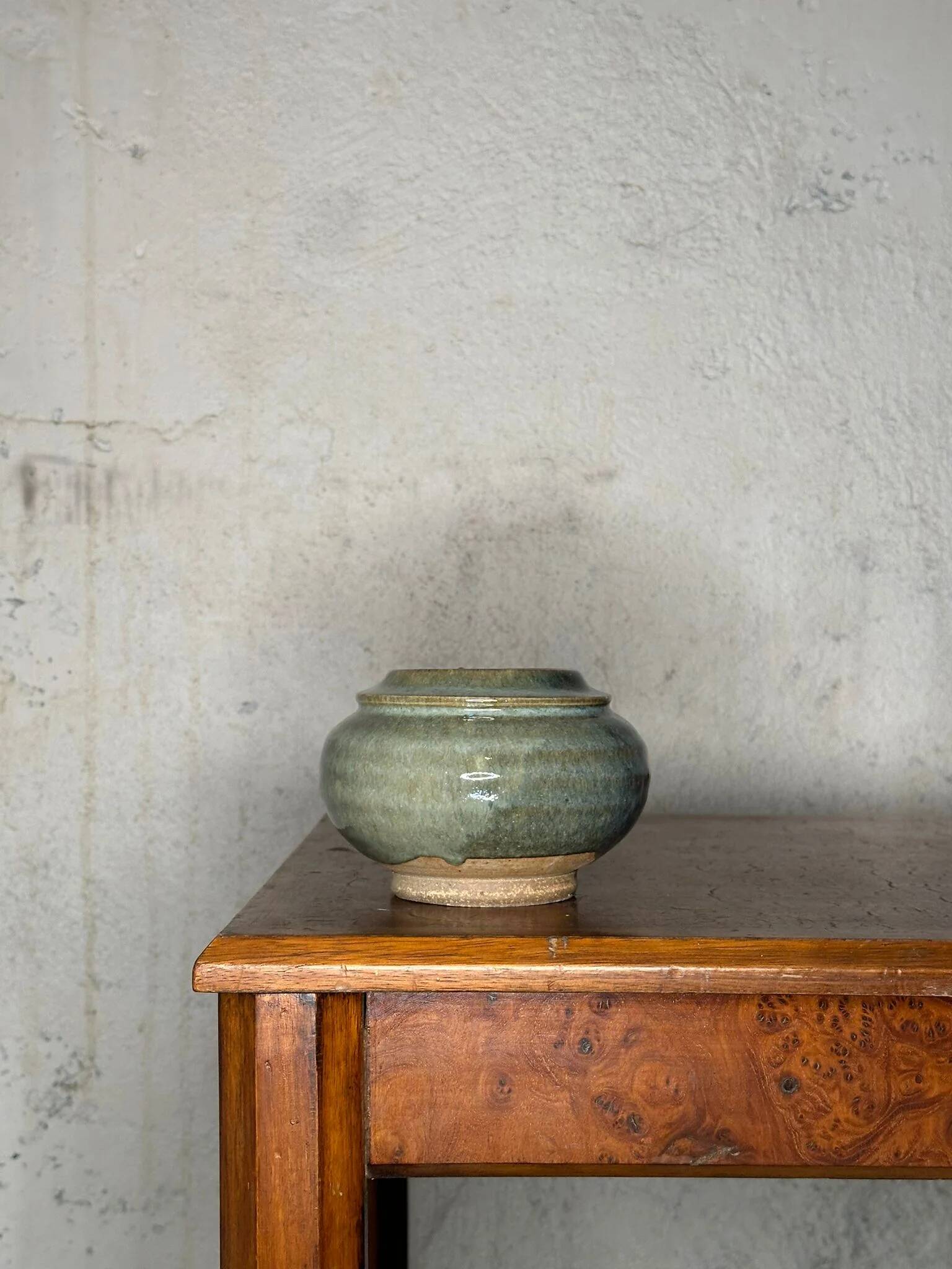 Blue glazed stoneware pot