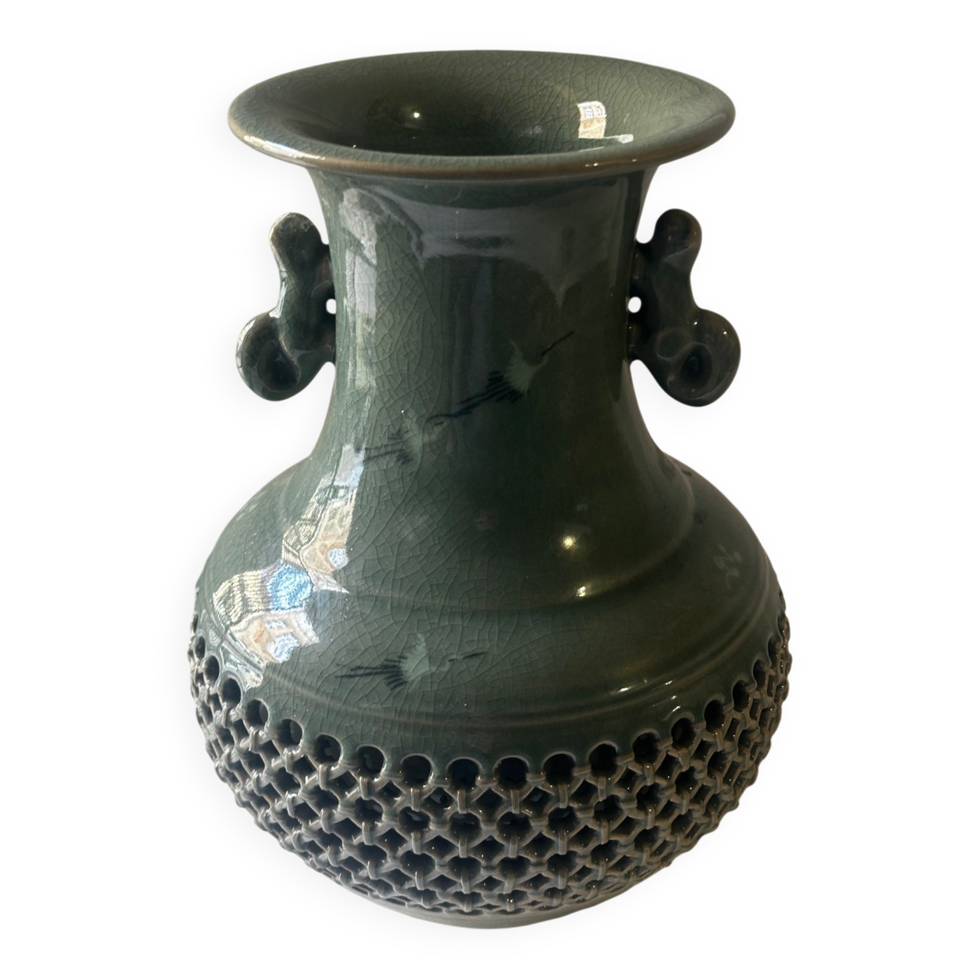 Celadon vase with openwork cranes H 29 cm