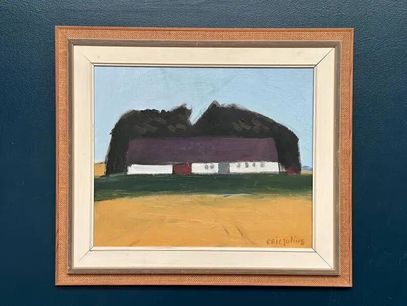 Original Swedish Oil on Canvas – "Farm" by Eric Julius – Signed – Vintage & Framed – 61 × 53 cm (24" × 20.9")