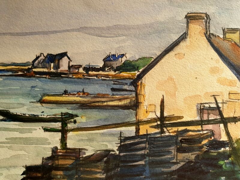 André Duculty (1912-1990) Watercolor on paper "Locmariaquer, Morbihan, oyster farmer's house"