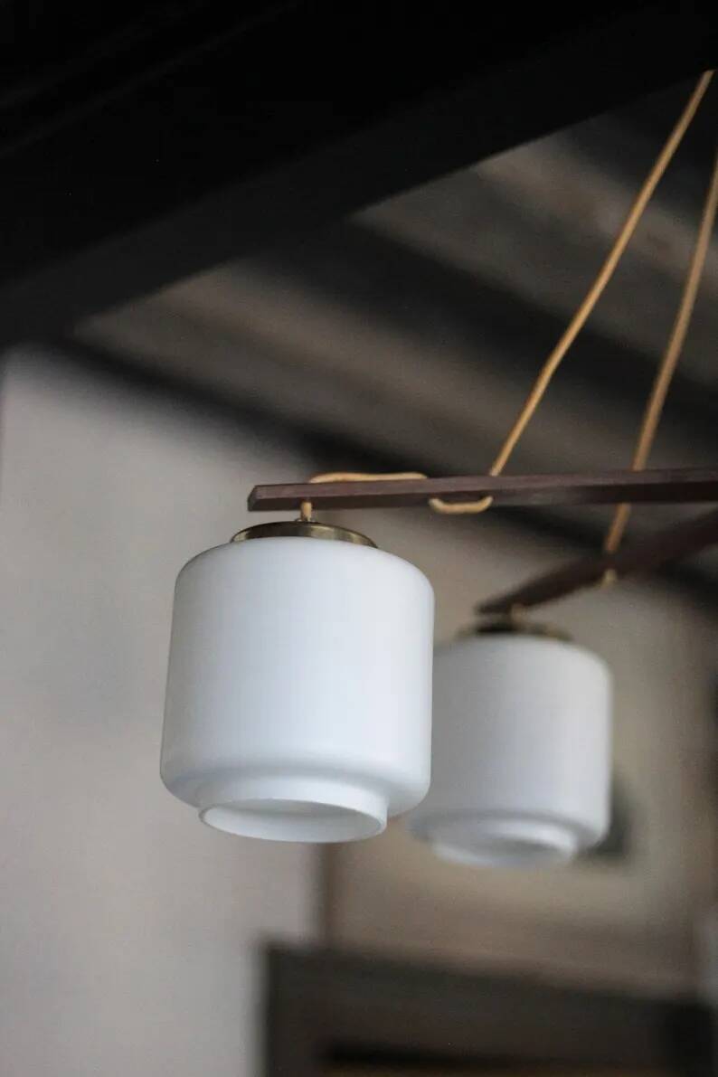 Teak and opaline pendant light, Scandinavian ceiling lamp, vintage wooden pendant with 5 lights, decor.