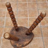 Rustic solid wood tripod stool with turned legs, 45 cm high
