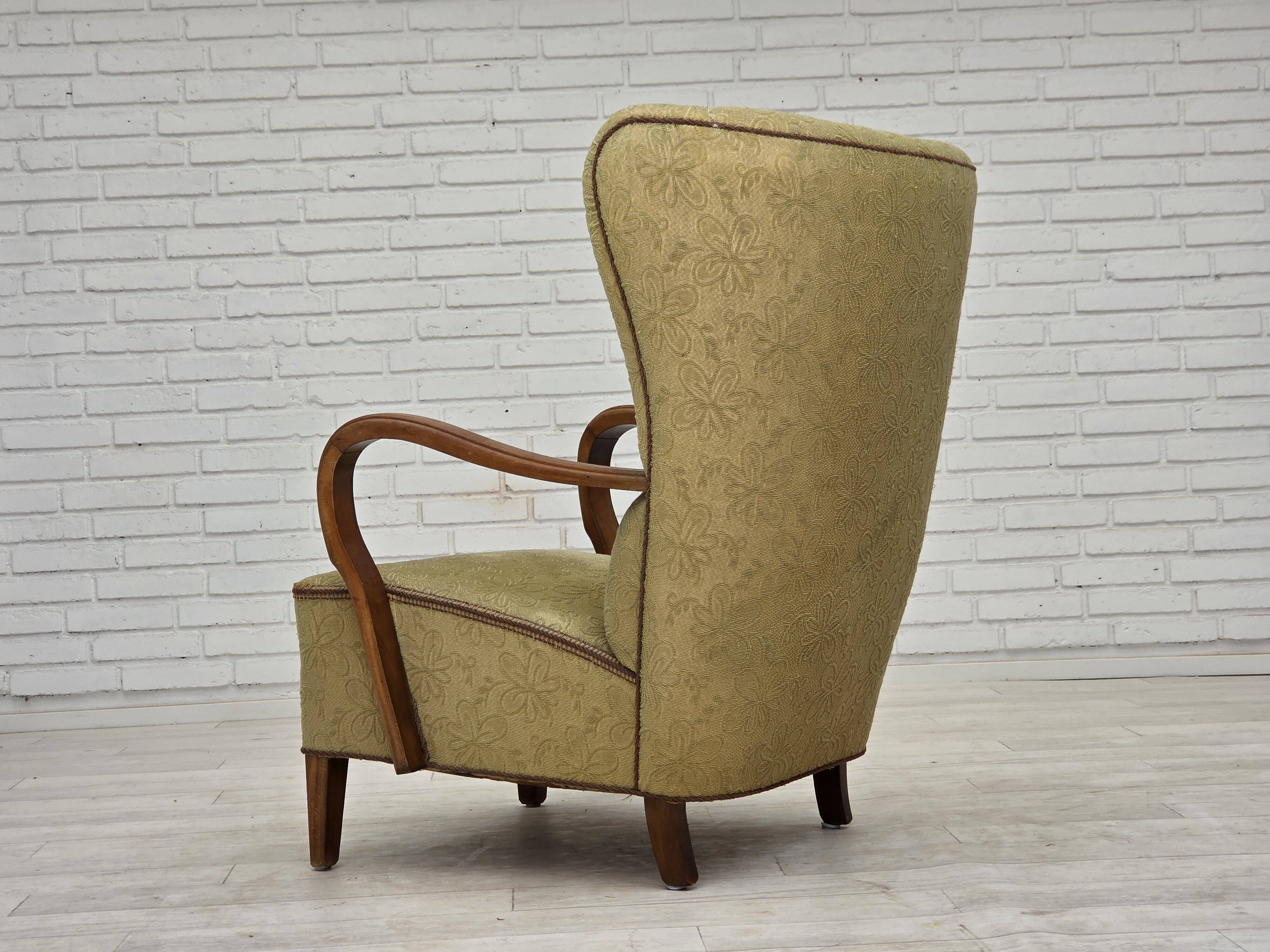 1960s, Danish armchair, light green furniture velour, beech wood.