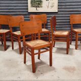 Set of 6 straw wood chairs 1950
