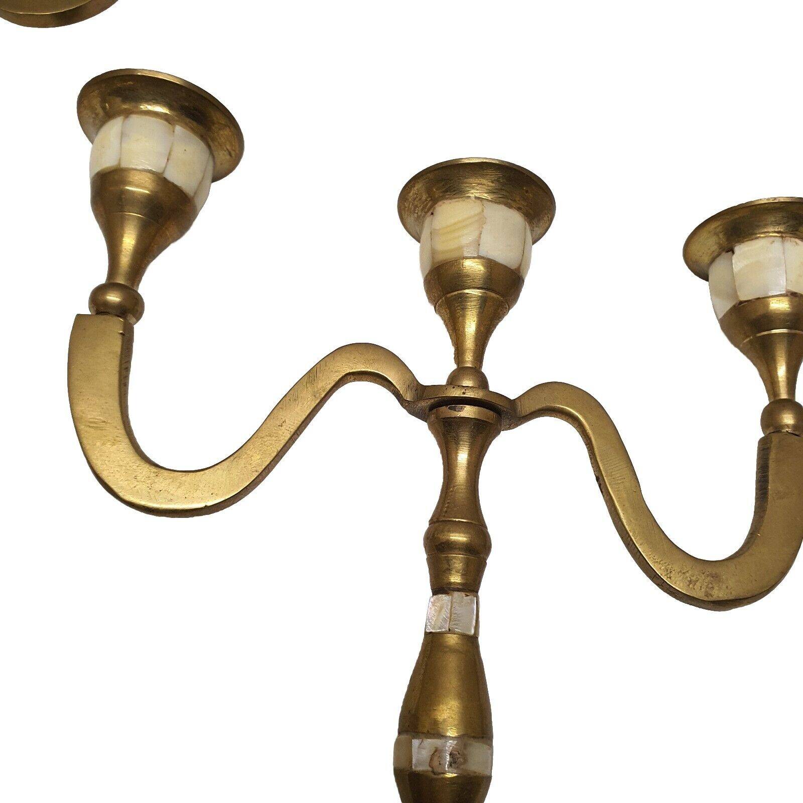 Set of 3-light brass candlesticks with mother-of-pearl intrusion