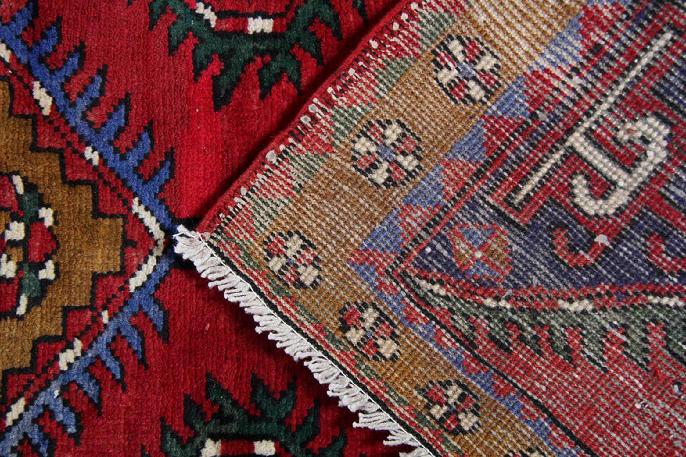 Vintage Geometric Burgundy Red Wool Runner Rug, 1950s Hand-Knotted Carpet