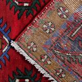 Vintage Geometric Burgundy Red Wool Runner Rug, 1950s Hand-Knotted Carpet