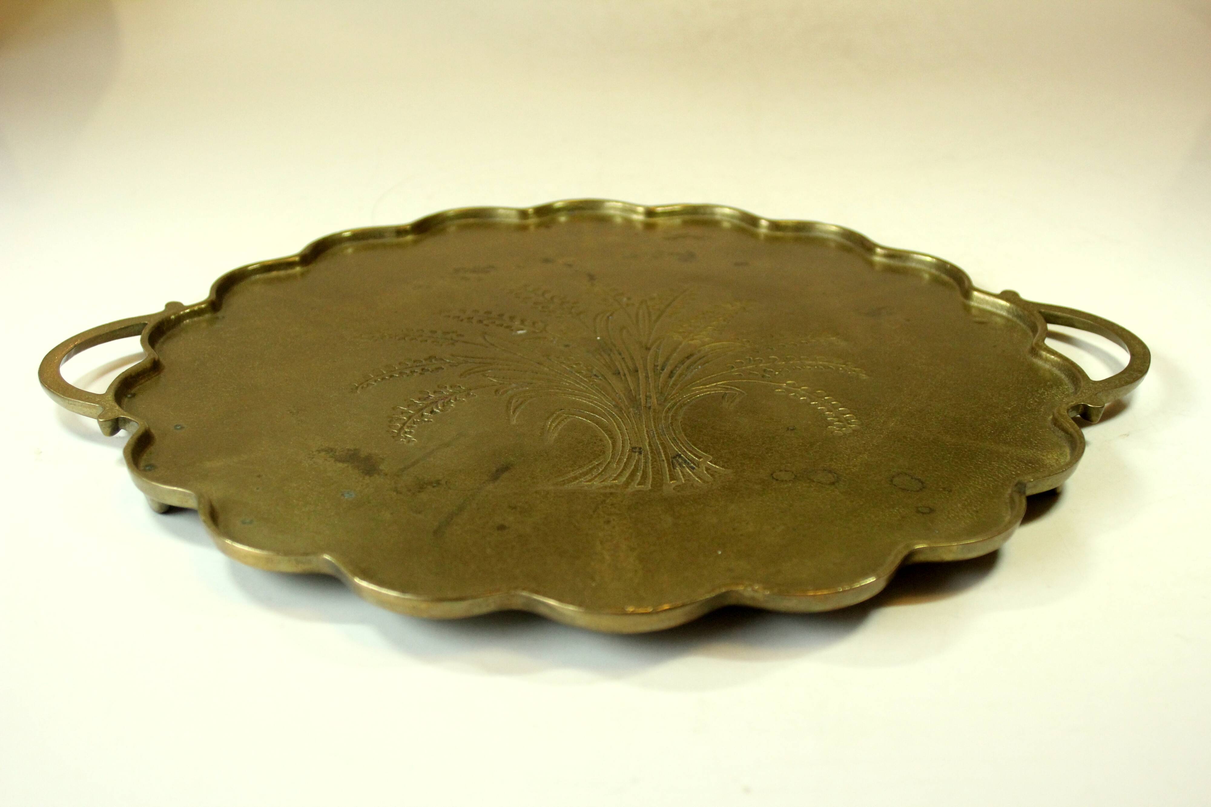 1950s handmade heavy brass serving tray, with handles and small feets, marked, vintage