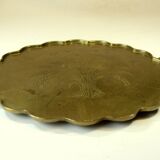 1950s handmade heavy brass serving tray, with handles and small feets, marked, vintage
