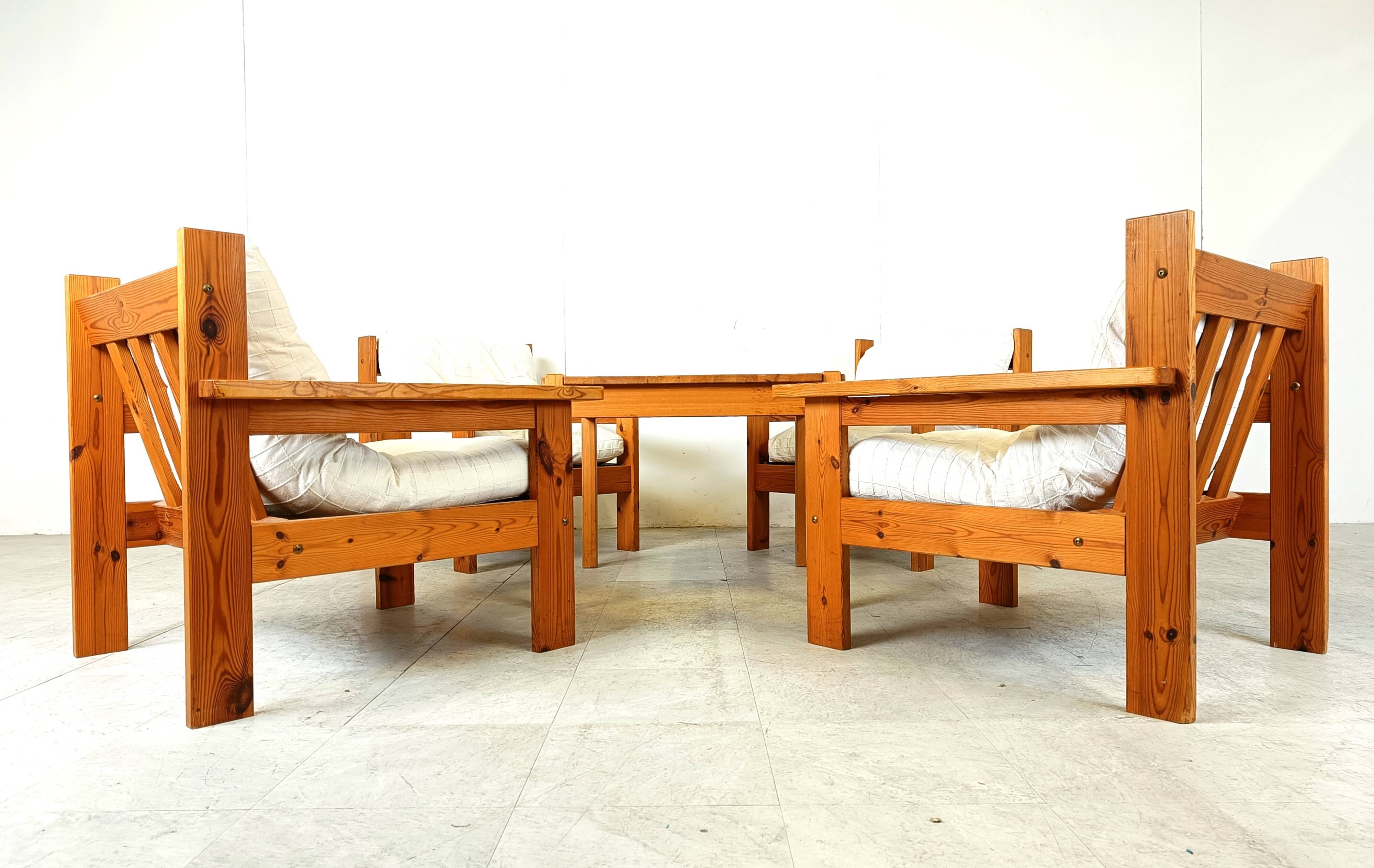 Vintage pine wood armchair set, 1980s