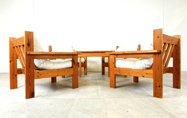 Ensemble de fauteuils vintage en bois de pin, années 1980