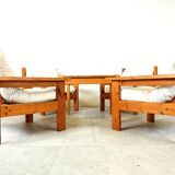 Vintage pine wood armchair set, 1980s