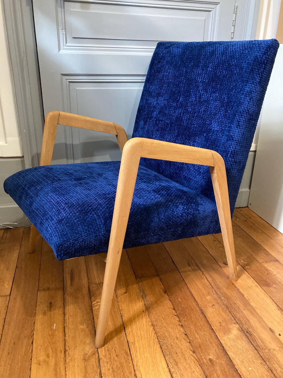 Scandinavian blue velvet armchair