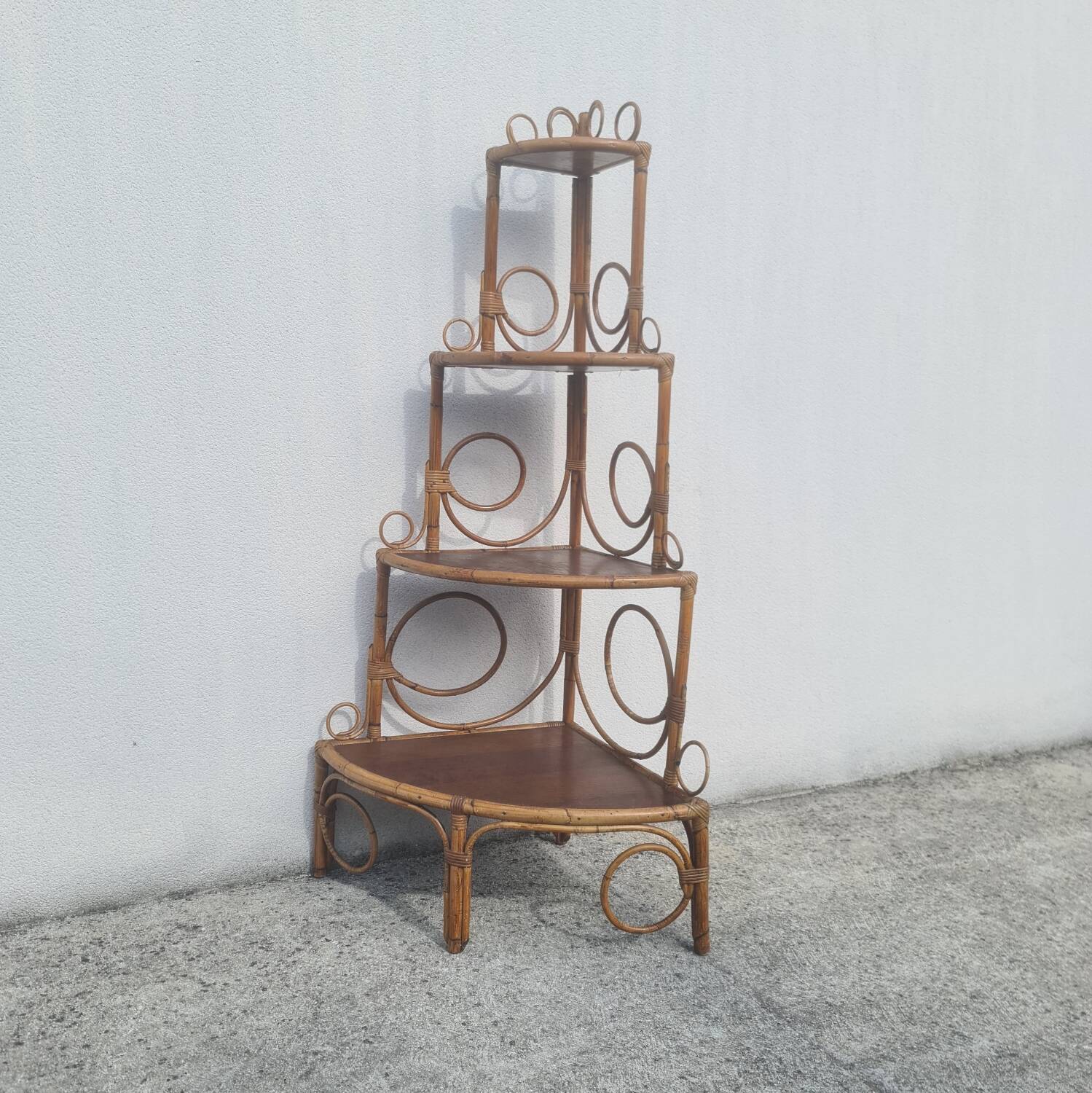 Vintage 1960s bamboo rattan corner shelf bookcase (peacock / Emmanuelle)