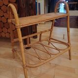 Small side piece of furniture with bamboo magazine holder, wooden top, 1960
