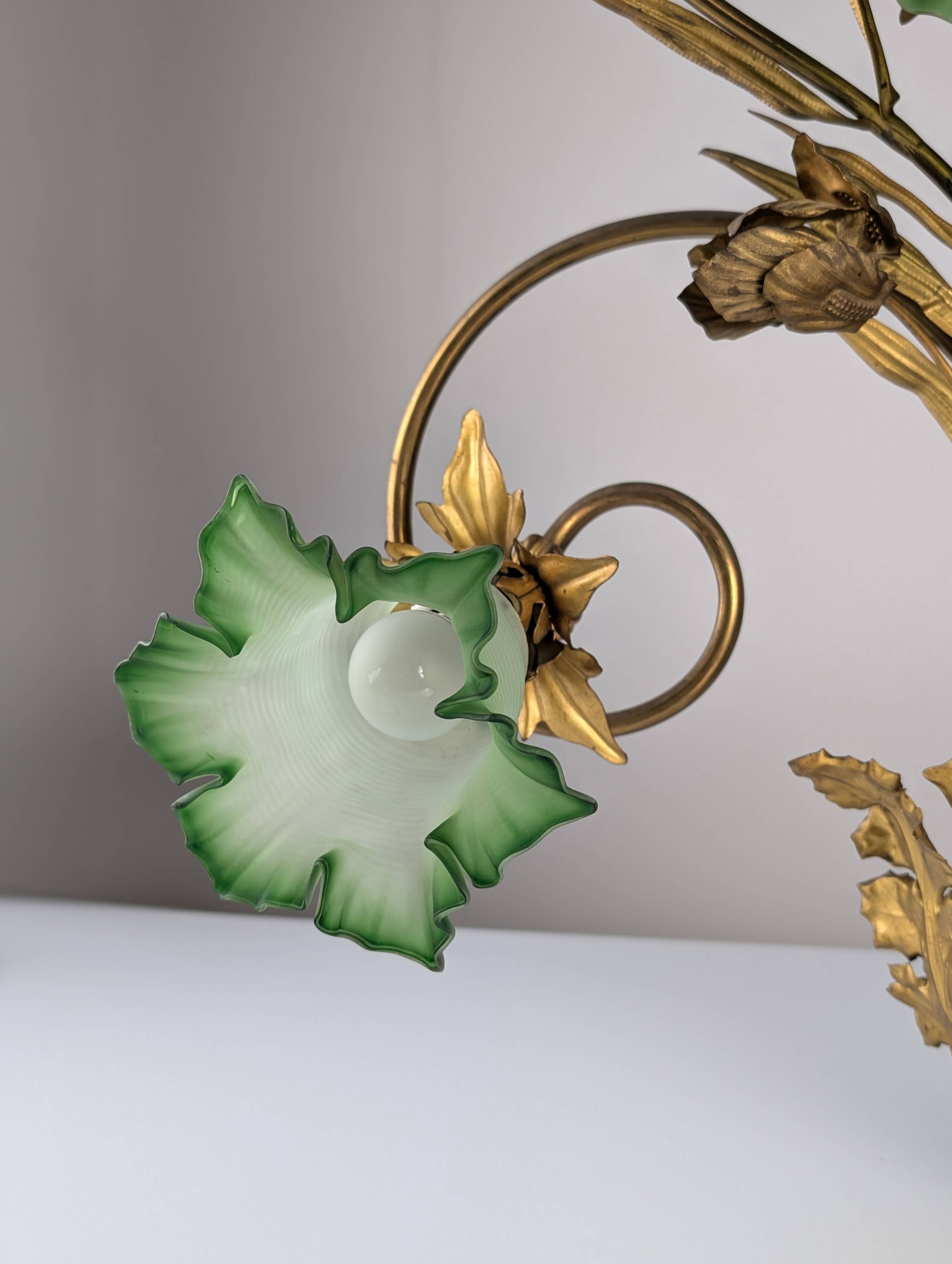 Art Nouveau Chestnut Leaf and Green Glass Sconce, 1900s