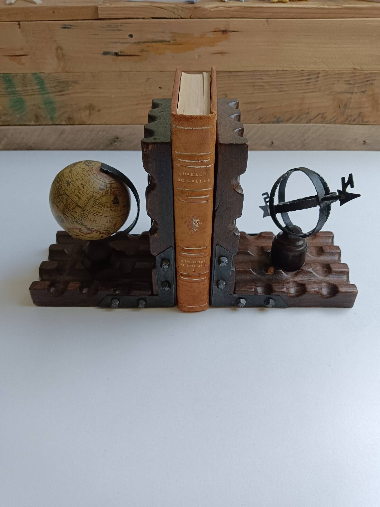 Wooden bookends globe world map