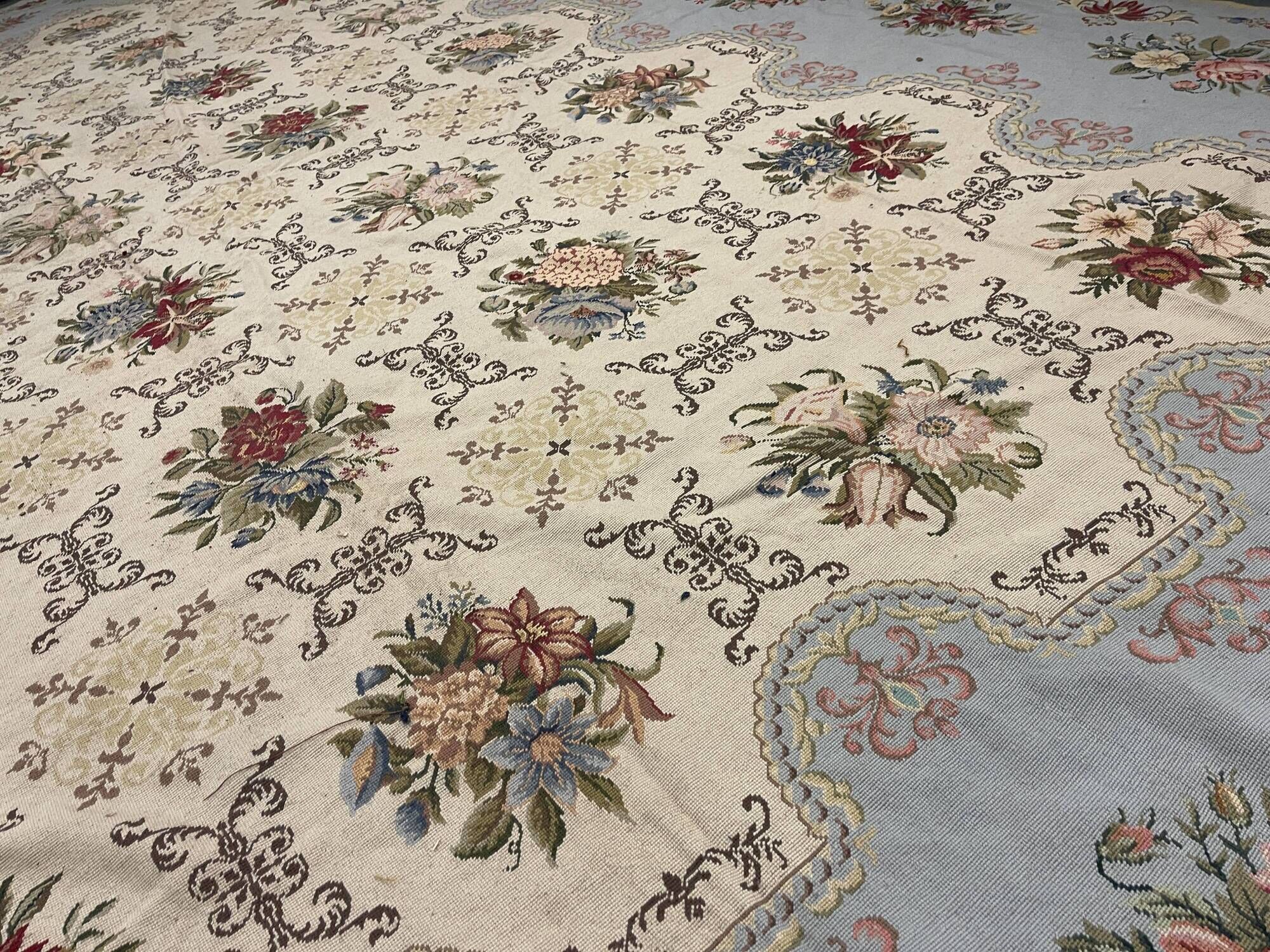 Very Large Aubusson Style Needlepoint Rug 360x470 cm Blue Floral Flatweave Wool