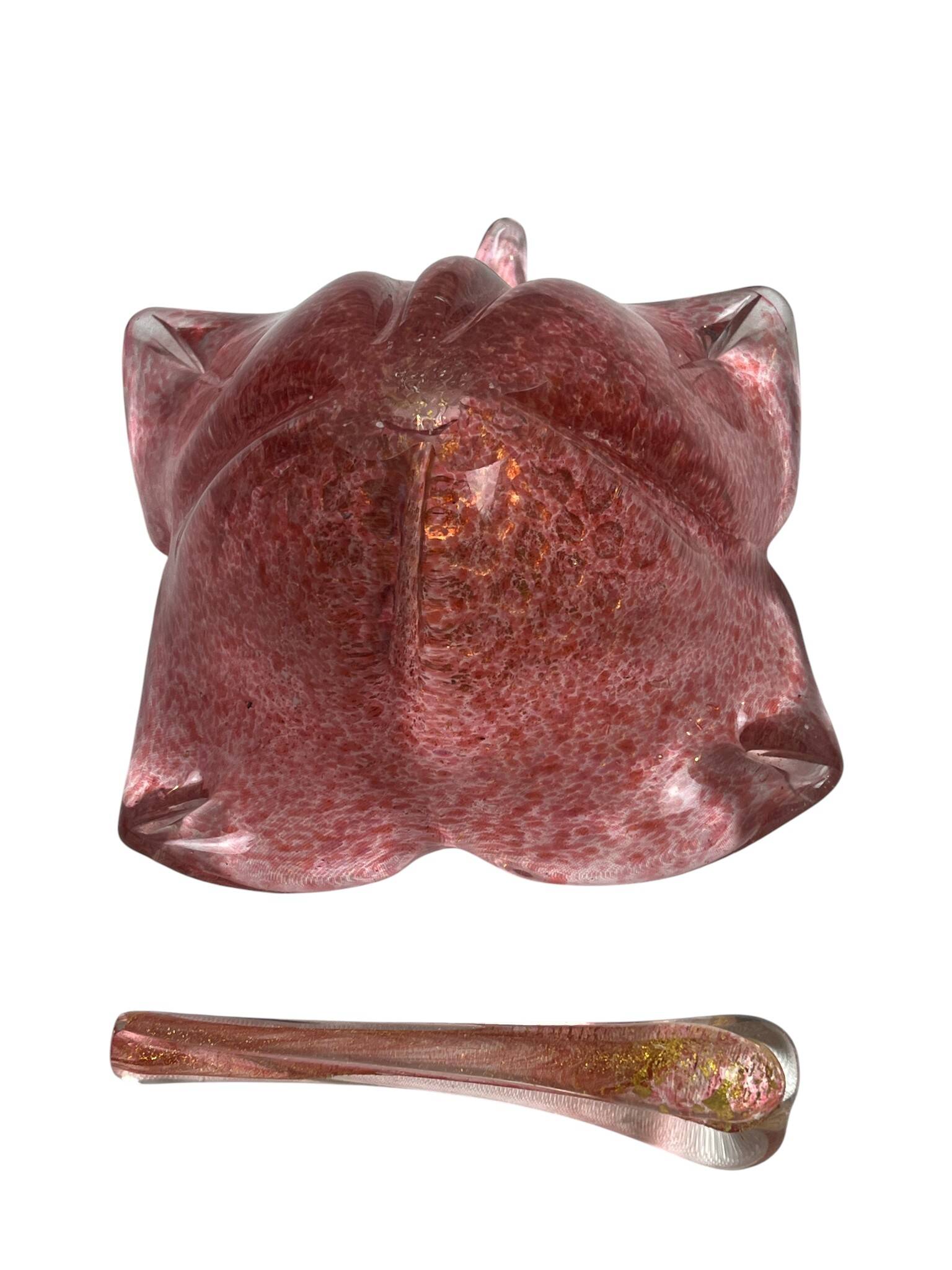 Murano, vide poche forme mortier fleur rose et or XXème