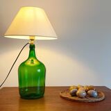 Mid-Century Green Glass Demijohn Table Lamp, Brass Fittings, Contemporary Shade