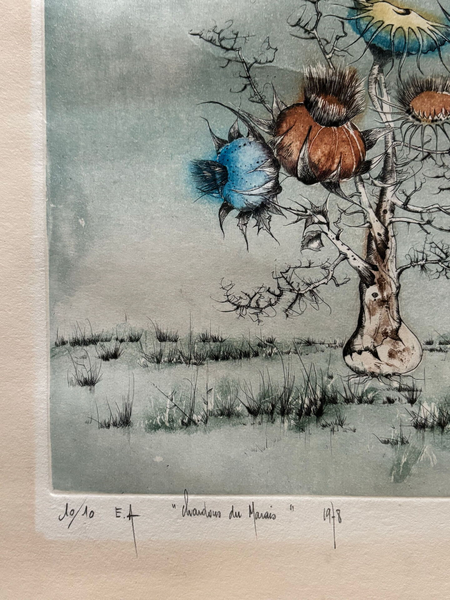 Original Engraving Bernard Louedin 1978 "Thistles of the Marsh" Signed Numbered