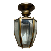 Antique brass lantern ceiling light + 6 faceted beveled glass vintage