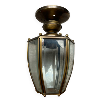 Antique brass lantern ceiling light + 6 faceted beveled glass vintage